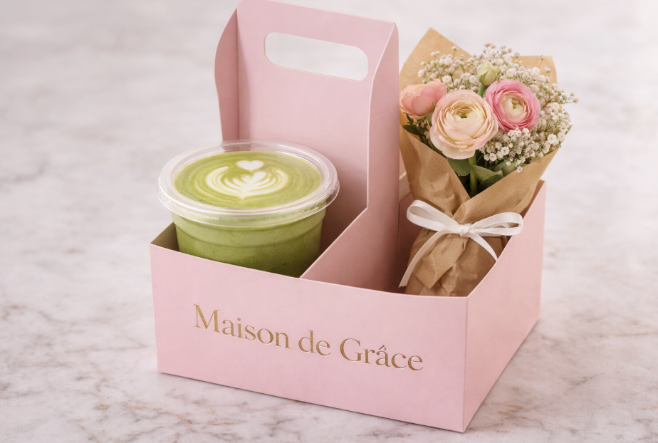 Maison de Grâce branded pink carrier with matcha latte and fresh flower bouquet