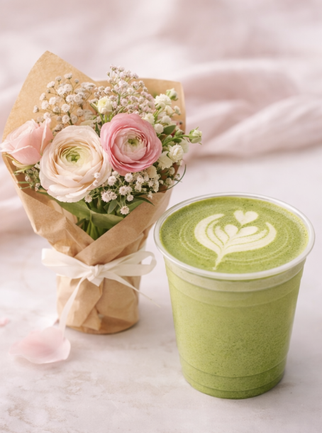 Maison de Grâce matcha latte with fresh flower bouquet